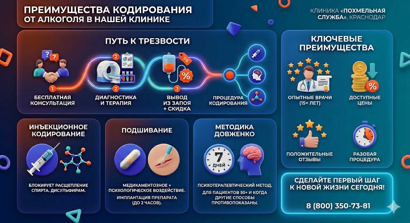 Инфографика о методах кодирования от алкоголя в Чекмагуше: инъекции, подшивание, метод Довженко. Преимущества клиники и этапы лечения.